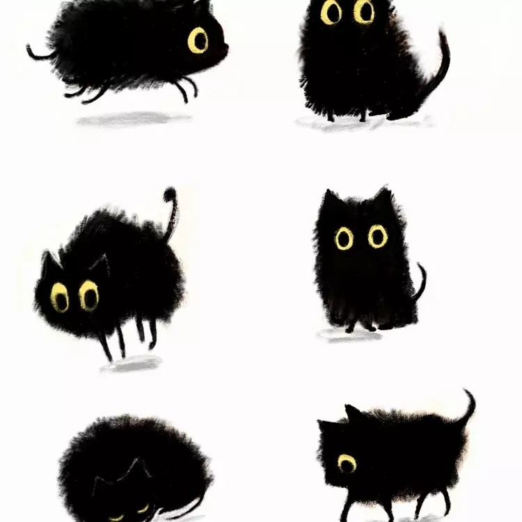 drawings of a black cat with yellow eyes. There are 6 different illustrations of the black cat in different poses. 
